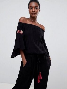 Like New {RAGA · Anthro} Black Embroidered Gauzy Avalon Wide Leg Jumpsuit | XS
